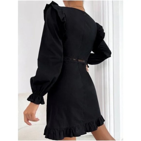 Black Plunging Neckline Lace Ruffle Sleeve Mini Dress - Picture 5 of 13